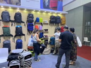 Close-up view of bags displayed at the trade show