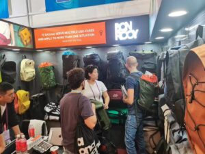 Close-up view of bags displayed at the trade show