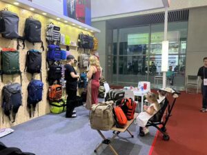 Close-up view of bags displayed at the trade show